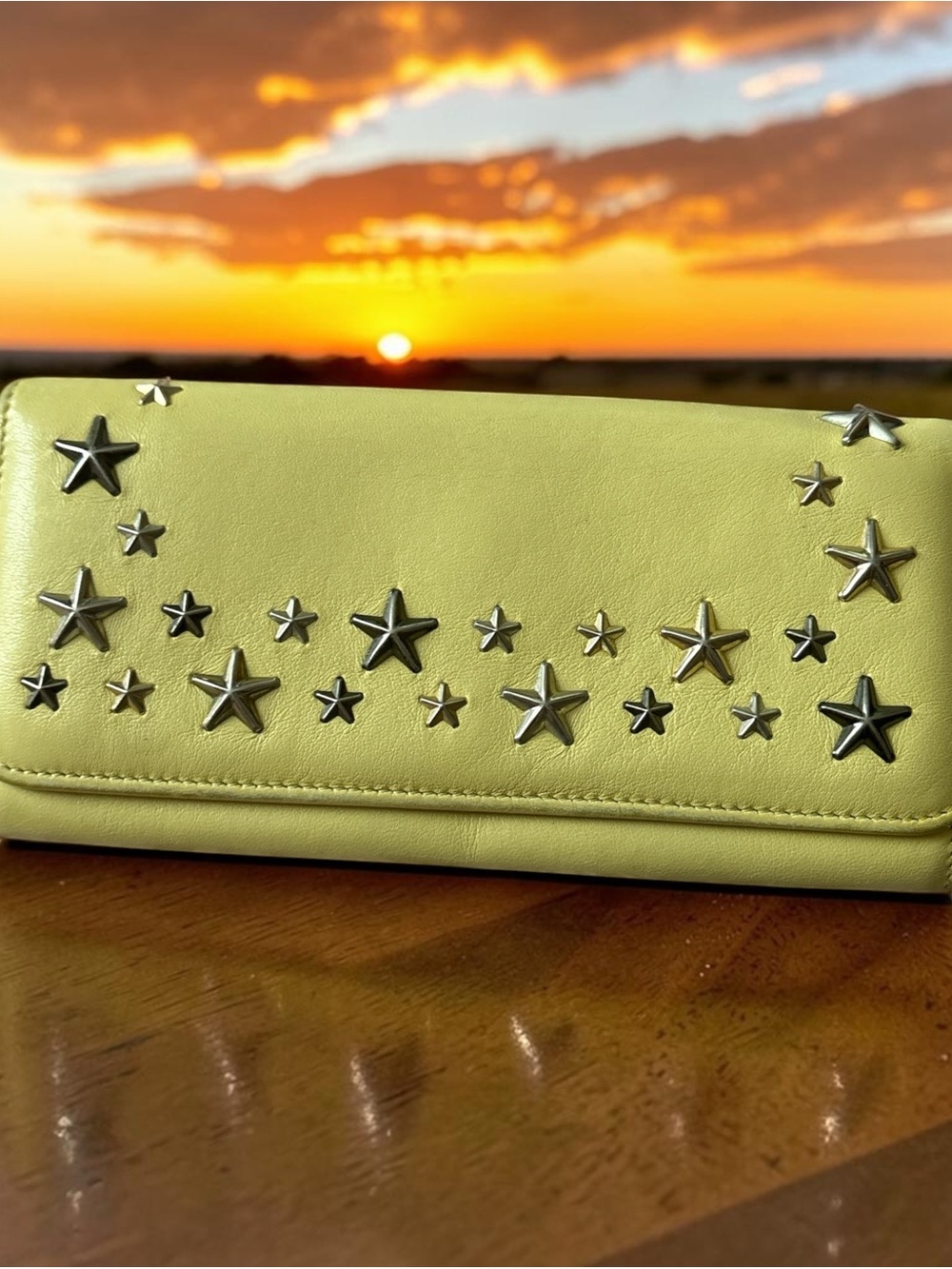 Jimmy Choo Lemon Yellow Star-Studded Leather Clutch Wallet